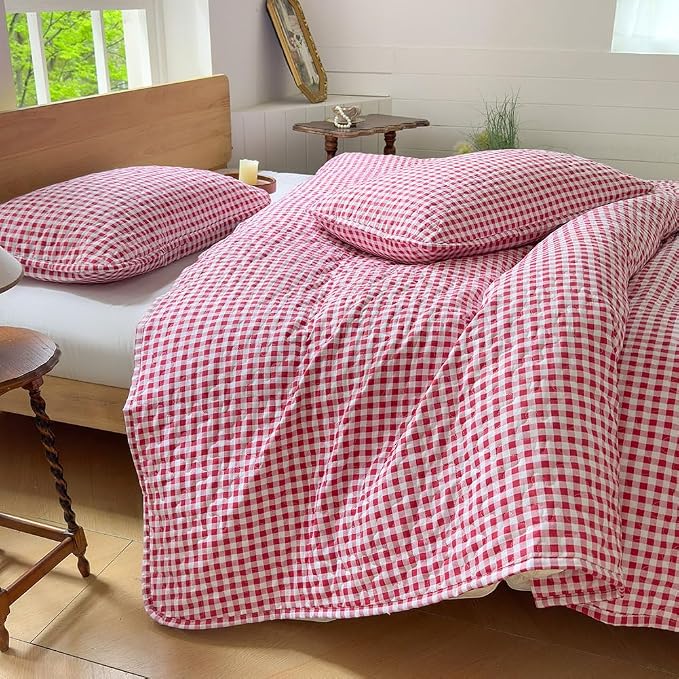 NSNLGSGC Red Gingham King Summer Bedspread Quilt Set | Pre-washed Microfiber,Lightweight Checked Grid Bedding Coverlets for All Seasons