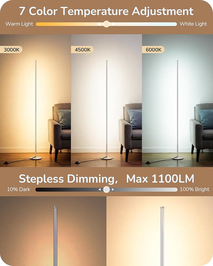 EDISHINE 2 Pack 57.5” Corner Lamp with Remote, Stepless Dimmable & 7 CCT | 2700-6000K, Foot Switch, Tall Corner Lamp for Bedrooms, Living Rooms, Offices, Sturdy Base, Silver