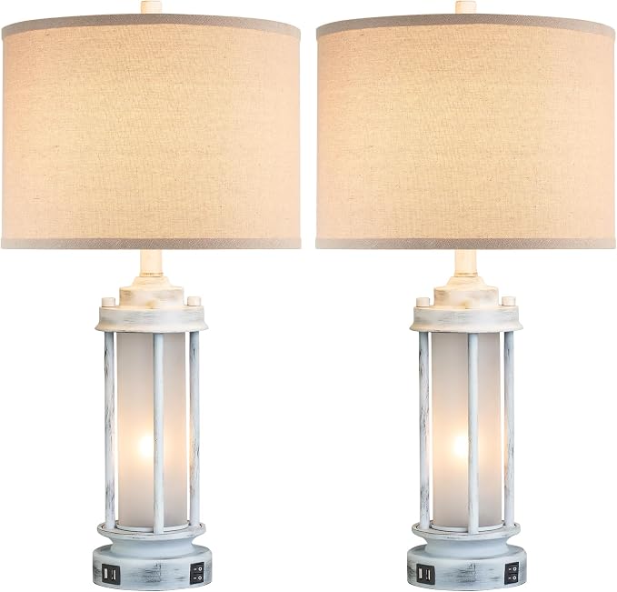AIEAMPDO 25" Set of 2 Antique White Rustic Table Lamps 2 USB C+A Ports | Vintage Farmhouse Design With Glass Night Light. Nightstand Lamps For Living Room, Bedroom And Dorms, 4 Bulbs Included