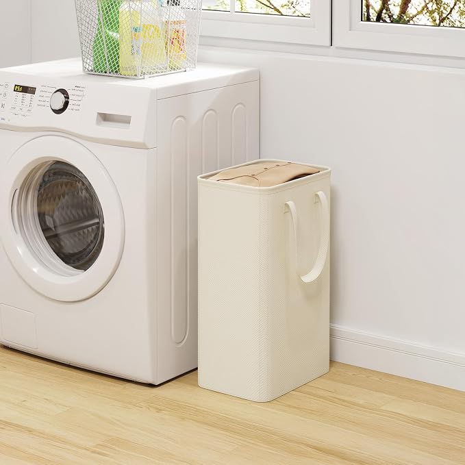 Lifewit Slim Collapsible Laundry Basket with Handles, 50L, Ivory | Narrow Laundry Hamper for Dirty Clothes, Tall Thin Laundry Bin, Small Clothes Hamper for Bathroom, Bedroom, RV, Dorm