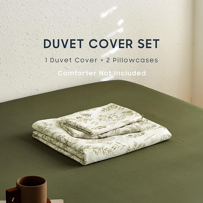 Wake In Cloud - Floral Duvet Cover Set, Botanical Vintage Flower Coquette Cottagecore Aesthetic for Women Teen Girls, Soft Lightweight Bedding, 3-Piece, Olive Green, King Size
