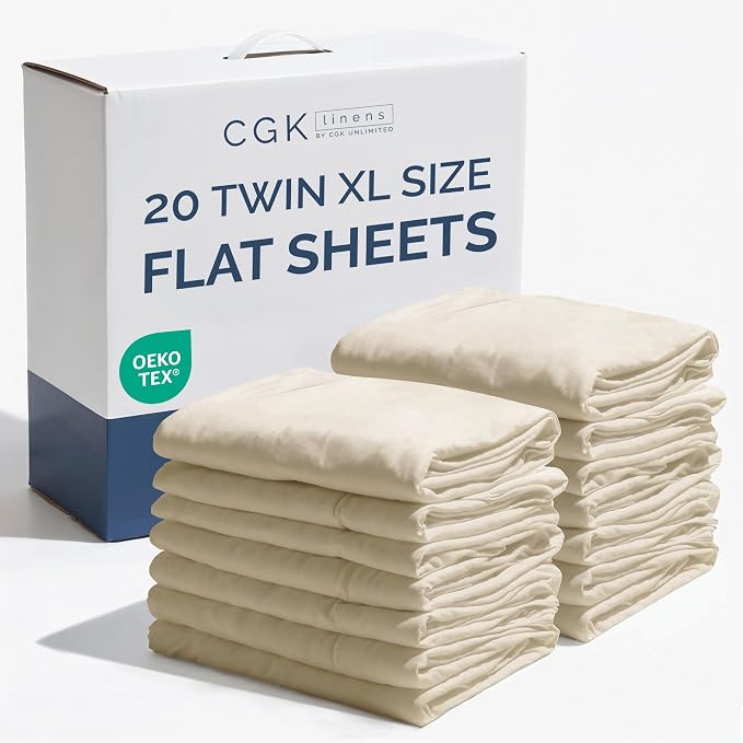 Bulk Case Pack of 20 Flat Sheets - Twin XL Size Top Flat Sheets - Cream | Wholesale Bulk Flat Sheets for Hotels, Spas & Airbnbs, Soft, Cooling & Breathable, Wrinkle Free, Fade & Shrink Resistant