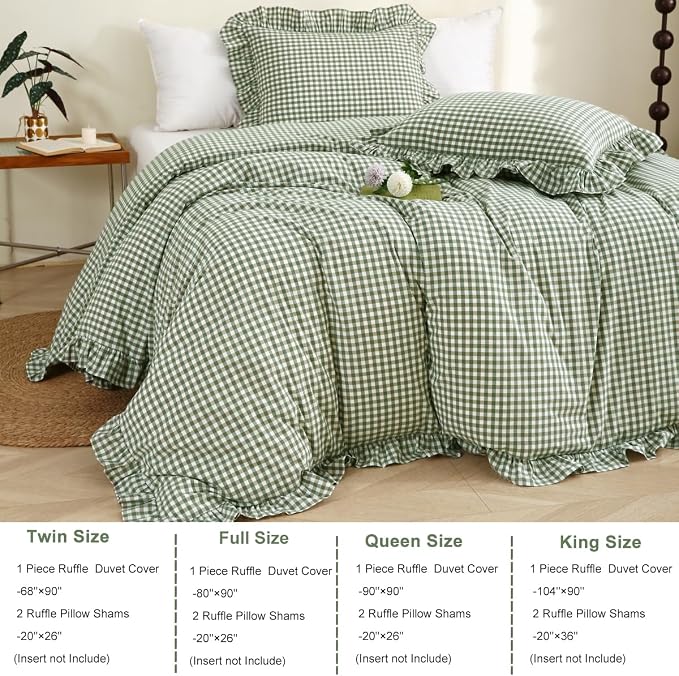 Silnuo Sage Green/White Gingham Plaid Ruffle Duvet Cover Queen Size | 100% Washed Cotton 3 Pcs Vintage Checkered Chic Farmhouse Bedding Set Comforter Cover Set (Queen,Sage Green/White)