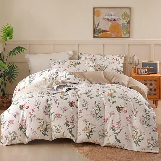 OAITE King Duvet Cover Set 3pcs 100% Cotton with Wildflower Botanical | Soft, Breathable,Long-lasting,Comfort,Dual Zipper,8 Corner Ties,Easy Care for All Season