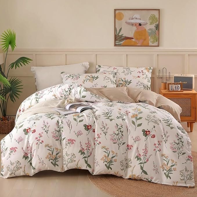 OAITE Queen Duvet Cover Set 3pcs 100% Cotton with Wildflower Botanical | Soft, Breathable,Long-lasting,Comfort,Hidden Zipper,8 Corner Ties,Easy Care for All Season