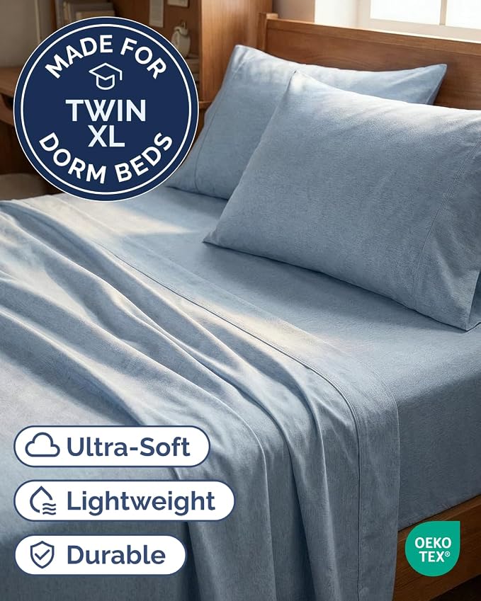 Twin XL 4 Piece Sheet Set - College Dorm Room Essentials - Heathered Blue | Ultra Soft Dorm Bedding Set, 8" to 16" Inch Deep Pockets, 1 Flat & 1 Fitted Sheet & 2 Pillowcases, Wrinkle & Fade Free