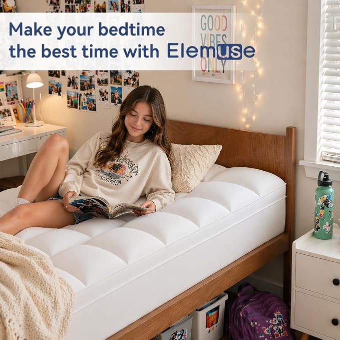ELEMUSE Twin Mattress Topper, Extra Thick Pillow Top Mattress Pad Cover | Plush soft breathable bed topper for back pain relief, with elastic deep pocket and overfilled down alternative filling