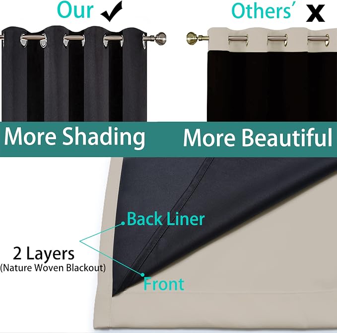 Yakamok Natural Blackout Curtains 63 Inches Long for Bedroom 42" Wide 2 PCS | Blackout Curtain Panels for Bedroom, 2 Thick Layers Grommet Top Thermal Insulated Drapes with Black Liner for Living Room