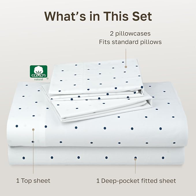 California Design Den 100% Cotton Sateen Hotel Sheets Full Size Set | 400 Thread Count Backed by Good Housekeeping Seal, 16" Deep Pocket, All-Around Elastic, Durable, Easy Care - Polka Dot Print
