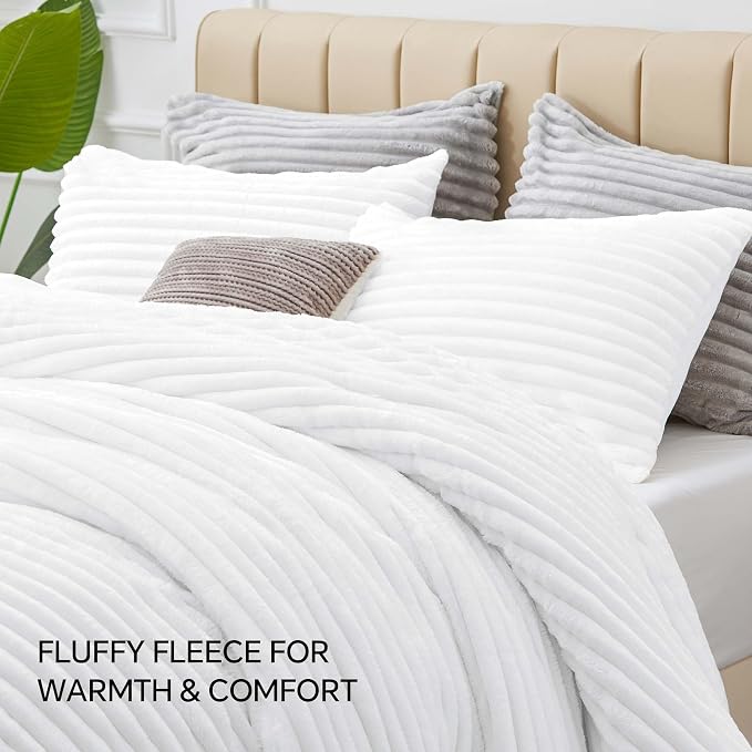 BEDELITE Fleece King Comforter Set, Fluffy Bed Set, Bright White | Super Soft & Warm Bedding, Luxury Fuzzy Faux Fur Comforter for Winter, Heavy Plush Bedding, with 2 Pillowcases