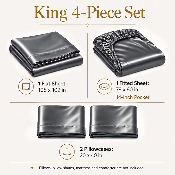 CozyLux Satin Sheets King, 4-Piece 14-Inch Deep Pocket Sheet Set | OEKO-TEX Certified Silky Soft Sheet Set for Hair & Skin, Luxurious Silky-Smooth Satin for Elegant Bedroom Decor, Dark Grey