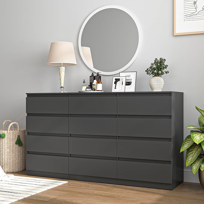 Vibe & Dine Black Dresser 12 Drawer, Modern Long Dresser for Bedroom, Wood Chest of Drawers with Wide Storage for Living Room