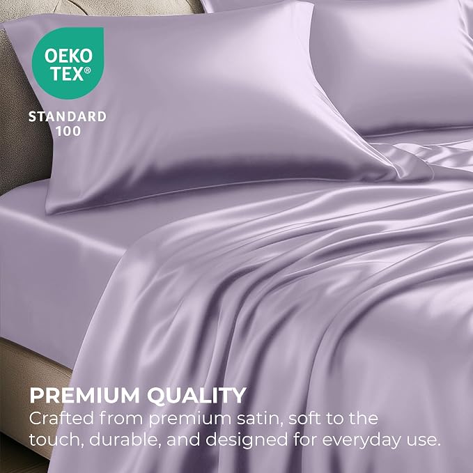 Satin Sheets Full [4-Piece, Lavender] Hotel Luxury Silky Bed Sheets - Extra Soft 1800 Microfiber Sheet Set, Wrinkle, Fade, Stain Resistant - Deep Pocket Fitted Sheet, Flat Sheet, Pillow Cases