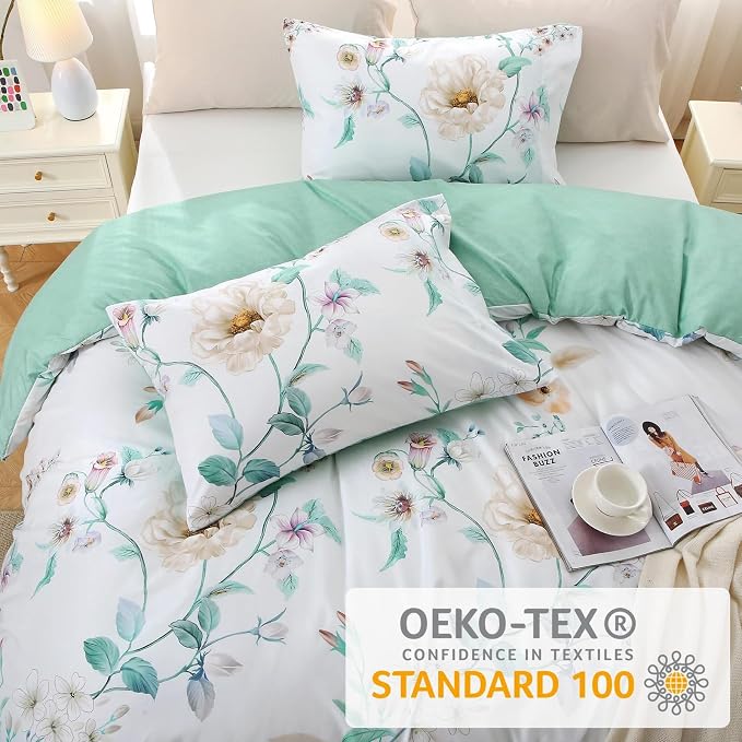 Duvet Cover King Size, Reversible Floral Vintage Duvet Cover Set with Zipper Closure, 3 Pieces Botanical Patterns Soft Microfiber Bedding Set (90"x104", 2 Pillow Cases 20"×36", Colorful Green Branch)