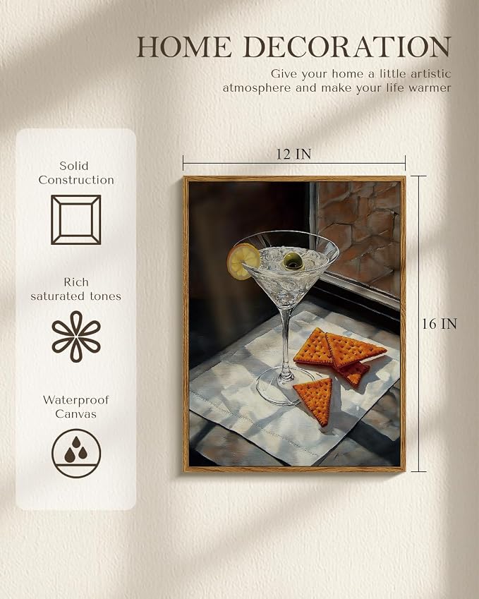 Martini Cocktail Framed Wall Art 12x16 Realistic Canvas Print, Drink Glass with Olive Lemon Crackers Still Life Painting, Modern Kitchen Café Lounge Dining Room Aesthetic Artwork Food Decor