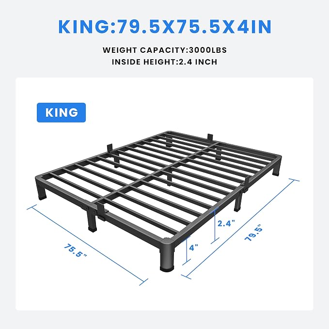 MAF 4 Inch King Metal Platform Bed Frame with Round Corner Legs | Mattress Slide Stopper, 3000 LBS Heavy Duty Steel Slats Support, Noise Free, No Box Spring Needed, Easy Assembly, Anti-Slip