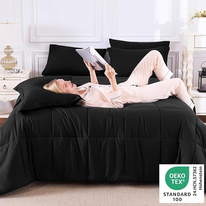 Queen Comforter Set, 7-Piece Bed in a Bag, Black | OEKO-TEX Certified, Box-Stitched Design, 240 GSM Down Alternative Fill, All-Season Comfort, Sheets, Pillowcases & Shams