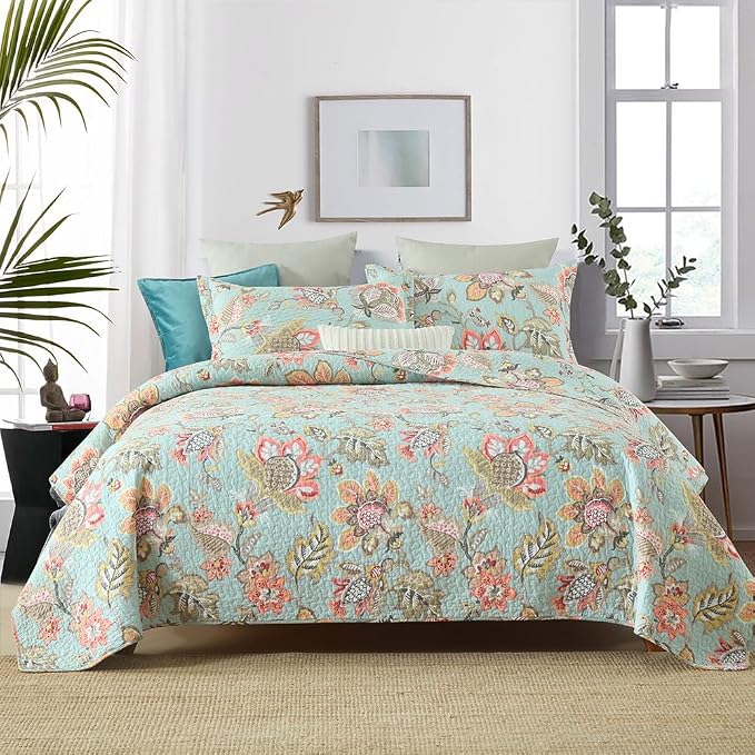 Wistown Cotton Bedspread Bedding Coverlet Quilt Sets, Reversible Vintage Branch Floral Bedspread comforters, (Vintage Floral Blue Pattern, Queen Size)