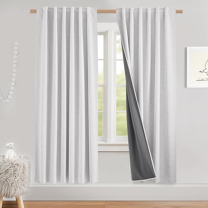 NICETOWN Linen 100% Blackout Nursery Curtains 68" Length Set of 2 | Faux Linen, Thermal Insulated & Noise Reducing, Short Drapes for Bedroom for Night Shift Workers, 52" W by 68" L