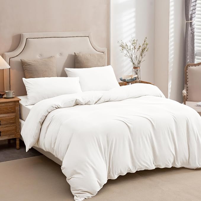 PURE ERA Jersey Knit Sheet Set Solid Bright White Full | 100% Cotton, 3 Piece Set, T Shirt Soft, Breathable, Envelope Closure Pillowcases, Hidden Zipper, 8 Ties, No Insert, Modern