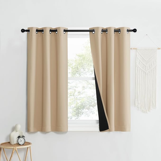 NICETOWN Biscotti Beige Blackout Curtains for Bedroom 37" x 50" 2 Panels | Super Thick Insulated Grommet Drapes Double-Layer Room Darkening Draperies with Black Liner for Kitchen Small Window Decor