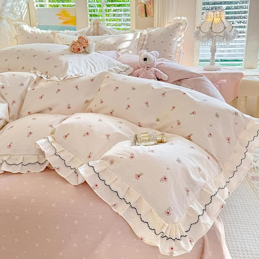 mixinni Shabby Chic Tiny Pink Floral Duvet Cover Queen, 100% Cotton Reversible Bedding with Double Ruffle Black Lace Trim, Vintage Farmhouse Princess Comforter Cover with Zipper & Corner Ties