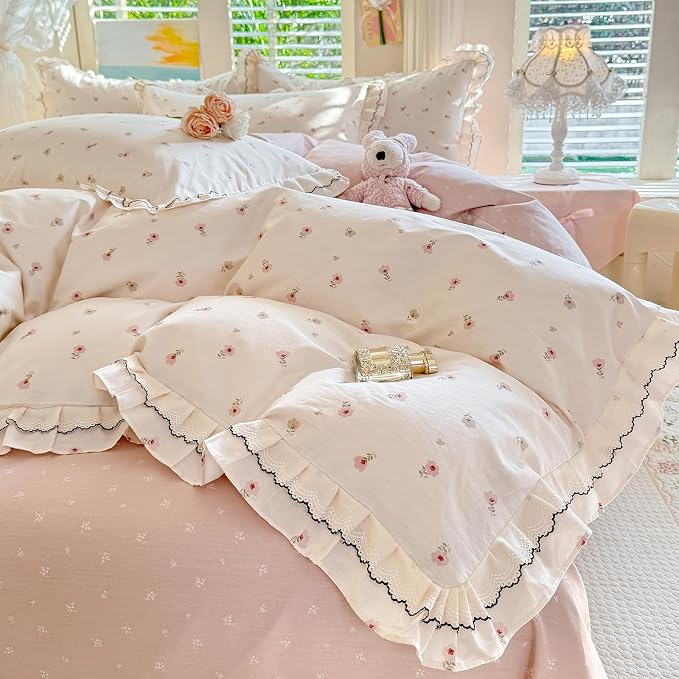 mixinni Shabby Chic Tiny Pink Floral Duvet Cover Full, 100% Cotton Reversible Bedding with Double Ruffle Black Lace Trim, Vintage Farmhouse Princess Comforter Cover with Zipper & Corner Ties