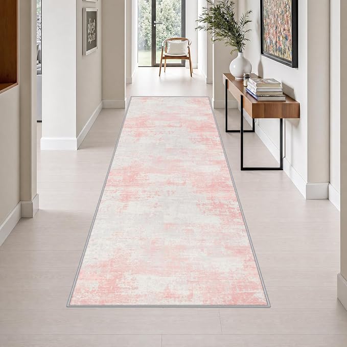 3x10 Washable Runner Rug：Modern Abstract Soft Carpet Pink White | For Hallway, Bedroom, Kitchen, Laundry, Bathroom,Door Mat,Modern Abstract,Machine washable,Non-Slip,Stain Resistant,Indoor