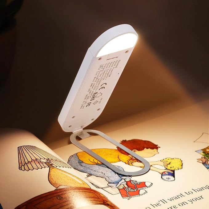 Akomid Book Light USB Rechargeable Clip on Reading Light, Eye-Cared Amber Light Mode Book Light for Reading in Bed Kids, 8 LEDs Bookmark Portable Stepless Dimming, White