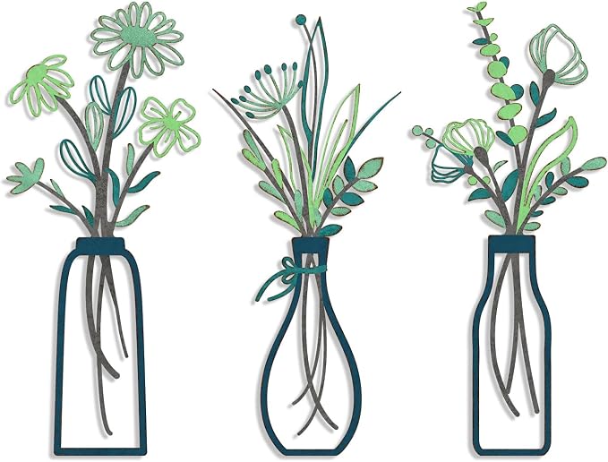 Pigort 3 Pieces Metal Flowers Wall Arts, Wall Decors for Home, Deep Green | Rustic Minimalist Natural