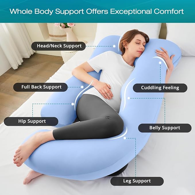 Cooling Pregnancy Pillows for Sleeping, 65'' Full Body Pillow, Light Blue | Sasttie Maternity Pillow, OEKO-TEX, Down Alternative, Removable Cover, Pregnant Women Must Haves, Maternity Essential