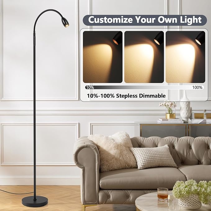 Reading Floor Lamp, 72" LED Dimmable Lamp with Gooseneck,Zoomable Spotlight | Adjustable Color Beam Standing Lamp, Touch & Remote Control, for Task Craft, Sewing, Bedroom Living Room, Office, Matte Black