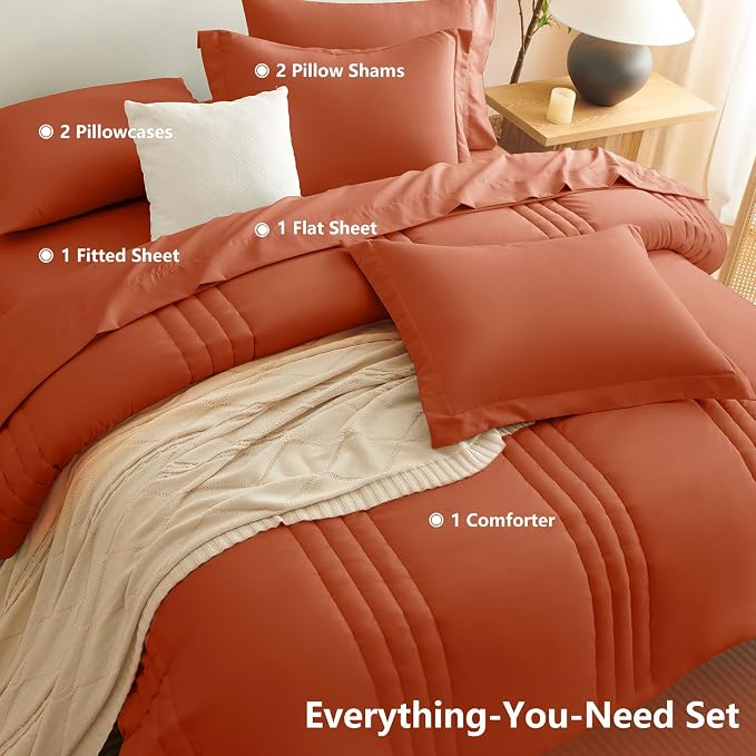 Queen Comforter Set Burnt Orange - 7 Pieces Bed in a Bag | OEKO-TEX Certified, 240GSM Down-Alternative Comforter, 14" Deep-Pocket Sheets, Shams & Pillowcases, Lightweight