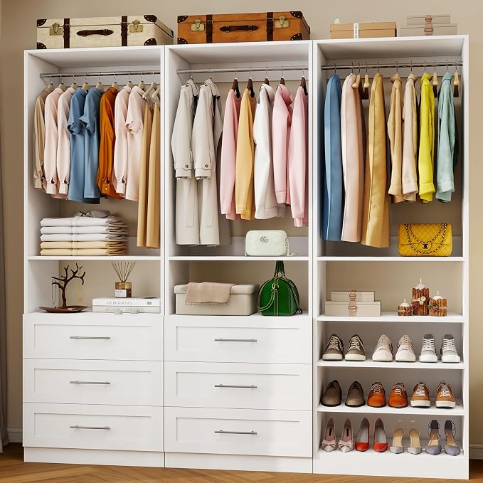 Closet System with 3 Sets, 6–15 FT Closet Organizer System with 6 Drawers, 6 Shelves & 6 Rods, Walk-In Modular Closet System, Custom Built-In Closet Kit, White