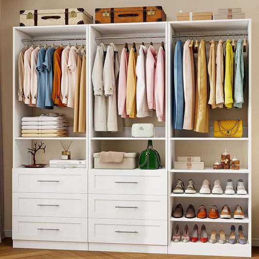 Closet System with 3 Sets, 6–15 FT Closet Organizer System with 6 Drawers, 6 Shelves & 6 Rods, Walk-In Modular Closet System, Custom Built-In Closet Kit, White