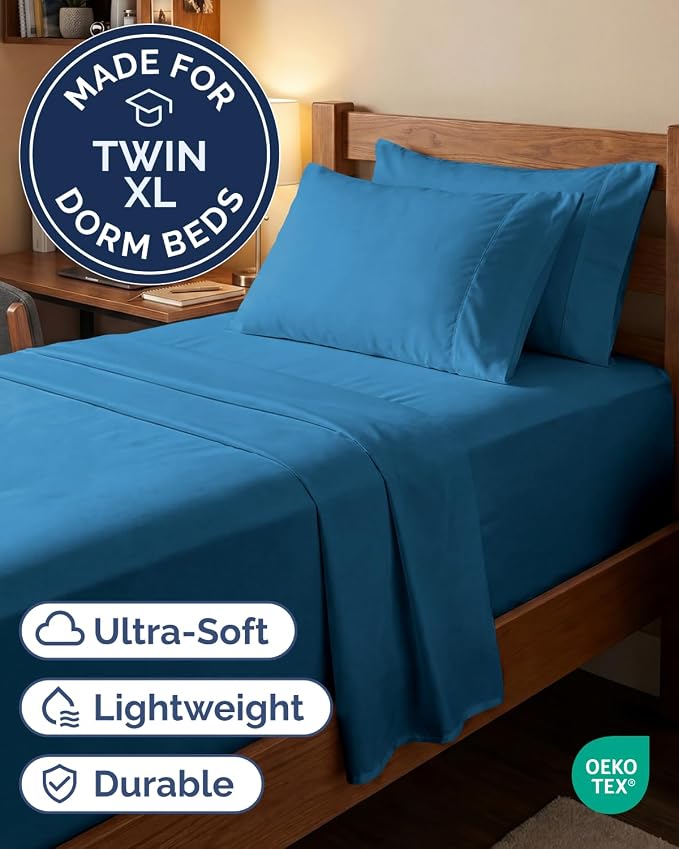 Extra Deep Twin XL Sheet Set - 4 Piece College Dorm Room - Denim Blue | College Dorm Room Essentials, Easy & Secure Fit, Ultra-Soft, Wrinkle & Fade Free, Comfy Sheets Set with Extra Deep Pockets