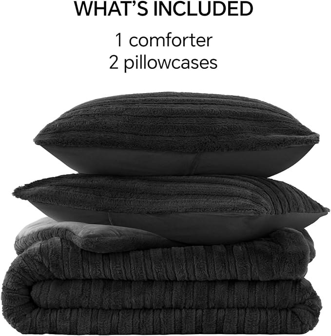 BEDELITE Faux Fur King Size Comforter Set, Fluffy Bed Set, Black | Super Soft & Warm, Luxury Fuzzy Cozy Comforter for Winter, Heavy Plush Bed set, with 2 Pillowcases