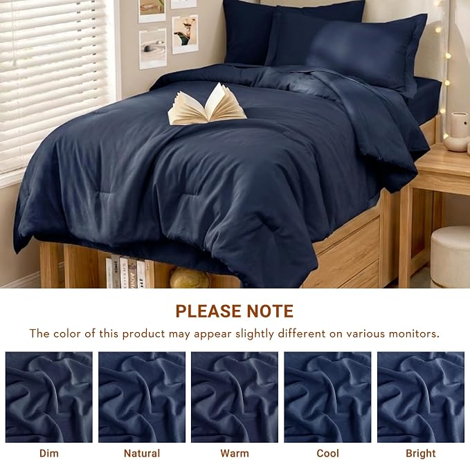 5 Pieces Twin XL Comforter Set, Soft Bed in a Bag Twin XL Size, All Season Bedding Set with Comforter, Flat Sheet, Fitted Sheet, Pillowcases & Shams, Navy Blue