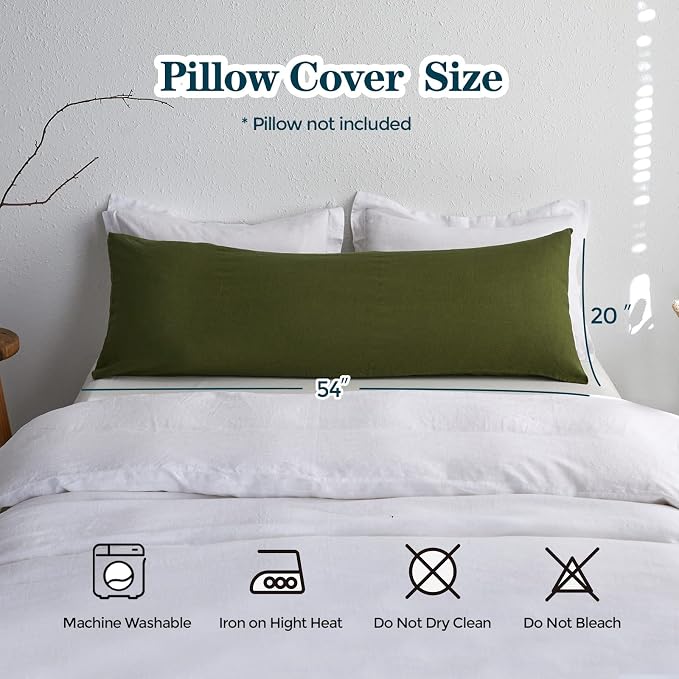 Simple&Opulence Body Pillow Cover 20" x 54",100% Pure Linen, Ultra Soft and Breathable, Body Pillowcase with Envelope Closure for Adults(Olive Green)