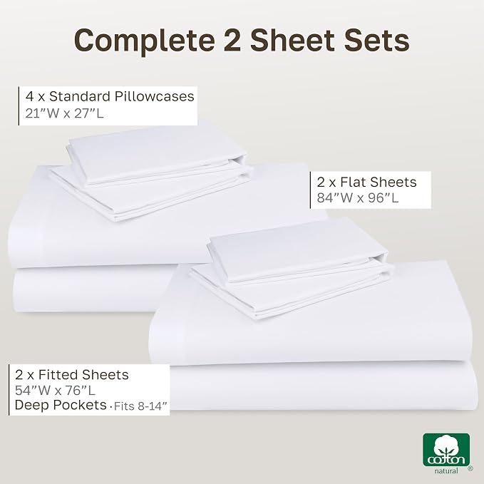 2-Pack Soft Natural 100% Cotton Sateen Full Bed Sheets Sets, Bright White | Backed by Good Housekeeping Seal, Light & Breathable For Hot Sleepers, 14" Deep Pocket, All-Around Elastic, Durable