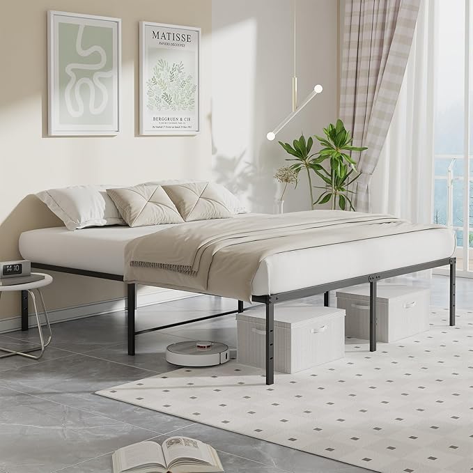 OLIXIS King Size Bed Frame, Heavy Duty 16 Inch Metal Platform Bed with Storage Space, Sturdy Support Slats & Noise-Free, No Box Spring Needed, Easy Assembly