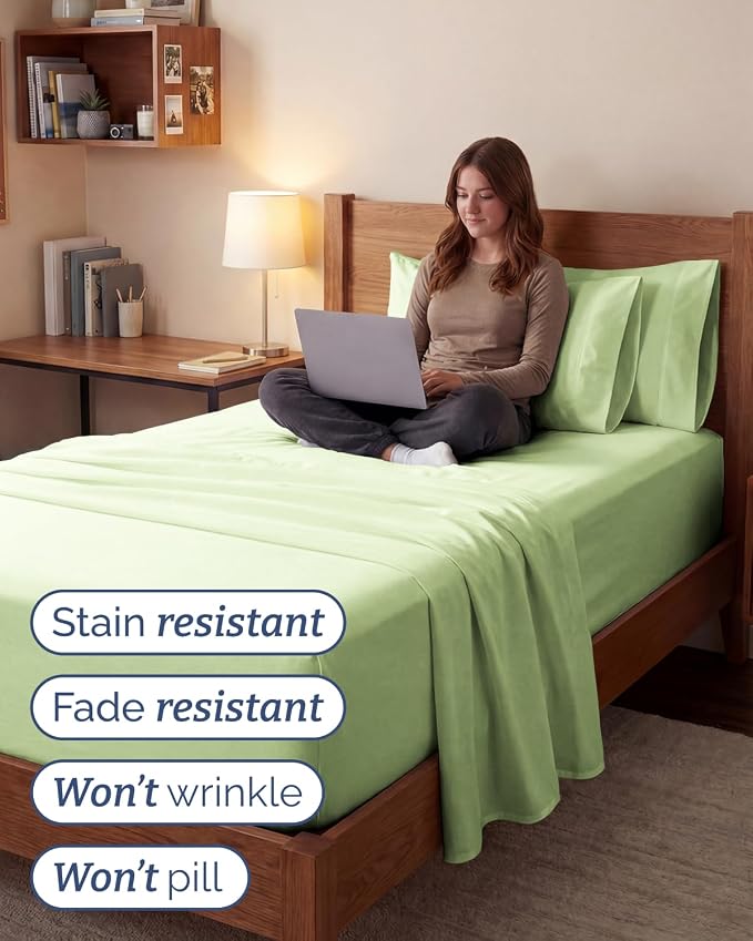 Extra Deep Twin XL Sheet Set - 4 Piece College Dorm Room - Light Sage | College Dorm Room Essentials, Easy & Secure Fit, Ultra-Soft, Wrinkle & Fade Free, Comfy Sheets Set with Extra Deep Pockets