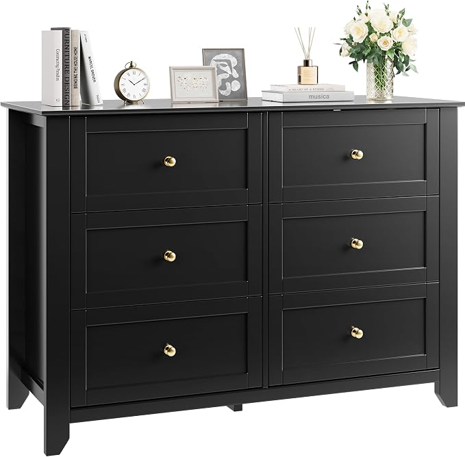 Garvee 6 Drawer Dresser for Bedroom, 47.2" Wide Modern Large Chest of Drawers with Metal Knobs, Wooden Clothes Storage Organizer for Closet, Nursery, Living Room, Apartment, Black | Lacquered Finish, Metal Knobs, Clothes Storage Organizer for Closet, N...