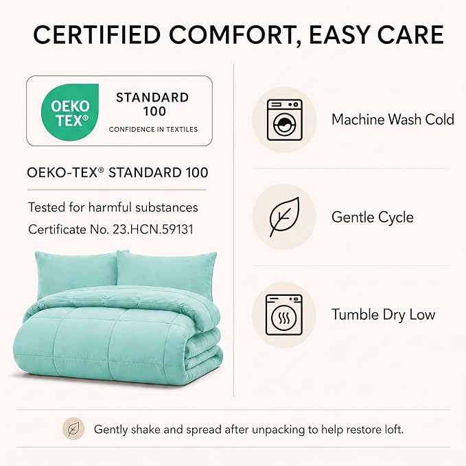 Queen Comforter Set Spa Blue - 7 Pieces Bed in a Bag | OEKO-TEX Certified, All-Season, Bedroom, Guest Room, Down-Alternative Comforter + Flat & Fitted Sheets + 4 Pillowcases