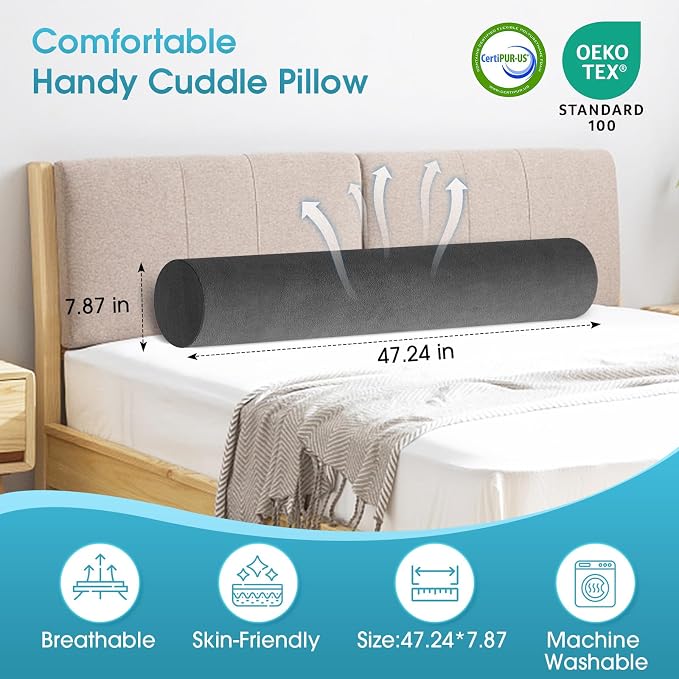 SereneCloud Memory Foam Body Pillow for Bed, 47" Long Bed Pillow for Adults | Full Body Pillows, Bolster Pillows with Breathable, Removable Velvet Cover, Skin-friendly Cylindrical Side Pillow, 47*8 Inch