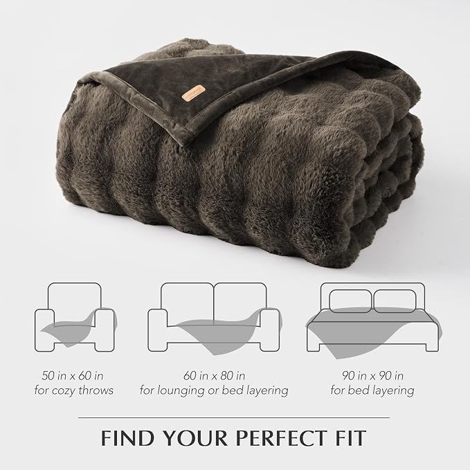 EverGrace Faux Rabbit Fur Bubble Throw Blanket, 90"x90", Dark Taupe | Ultra Soft, Luxury Faux Rabbit Fur Throw, Thick Warm Bubble Blanket, Cozy Fluffy Reversible, for Bed, Couch, Chair, Sofa