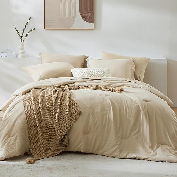 King Size Comforter Set- 7 Pieces Prewashed Bed in a Bag King Bedding Sets | Soft All Season Comforter with Sheets, Pillow Shams & Pillowcases, Beige