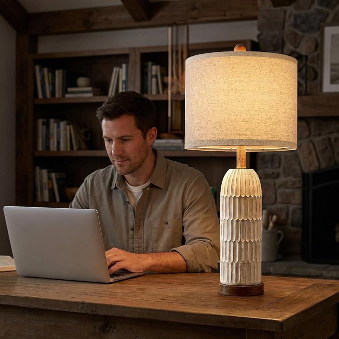 OYEARS 26.5" Bedside Table Lamps Set of 2, Farmhouse Table Lamp with USB A+C Charging Ports,Vintage Nightstand Lamp for Bedrooms and Living Rooms, Retro Resin End Table Lamp with Linen Shade, Brown