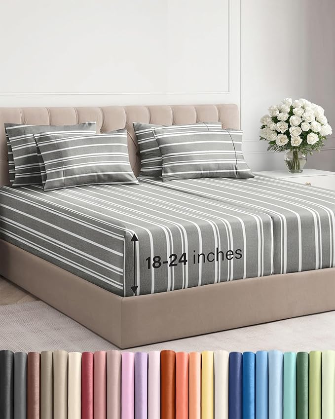 Extra Deep Split King Sheet Set - 7 Piece Cooling Bed Sheets - Grey Stripes | Hotel Luxury Bed Sheets Set, Easy & Secure Fit, Ultra-Soft, Wrinkle & Fade Free, Comfy Sheets Set with Extra Deep Pockets