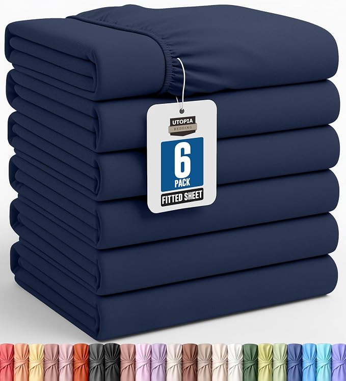 Pack of 6 Queen Fitted Sheet, Fits Up to 16 Inch Deep Pocket, Navy | Hotel Comfort, Cooling & Breathable Cotton like Polyester, Easy Fit, Wrinkle & Fade Resistant, Snug Fit, Easy Care, Oeko-Tex